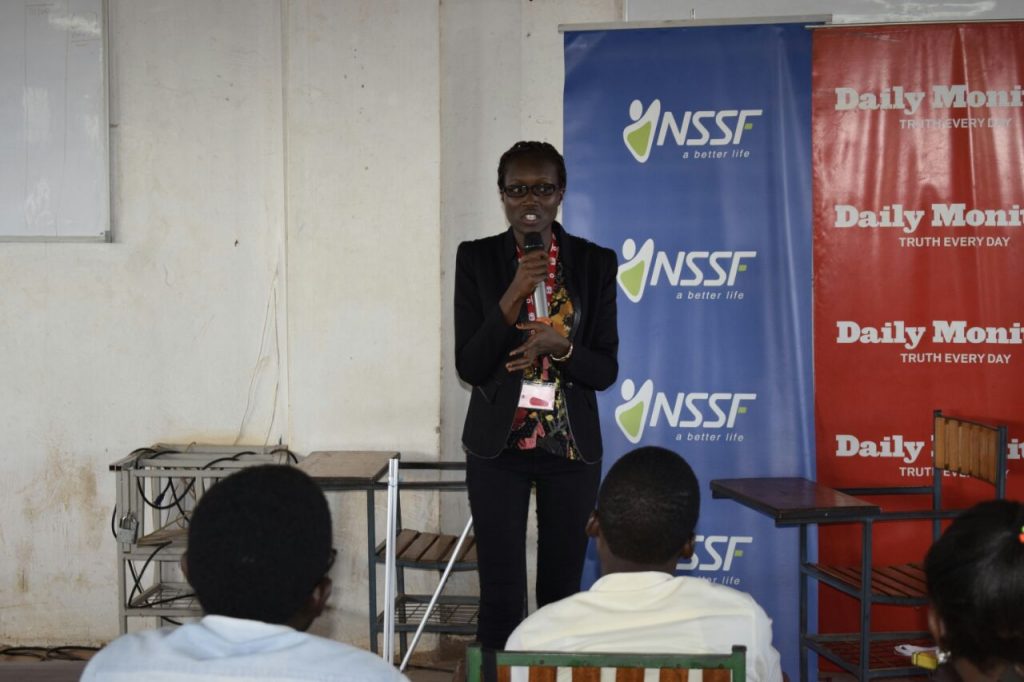 Eunice Among, Head Corporate Communications Vodafone Uganda, inspiring Kampala International University students to ready themselves for internship and career opportunities, yesterday at the NSSF Career Expo. Vodafone’s University Youth Programme supports, equips and empowers young people to handle and manage the working world.