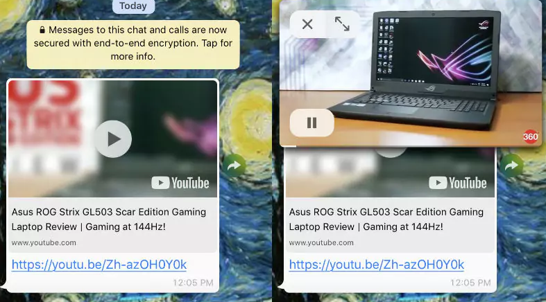 WhatsApp and YouTube ntegration with PiP support as illustrated and tested by Gadgets 360 team. (Photo Credit: Gadgets 360 News)