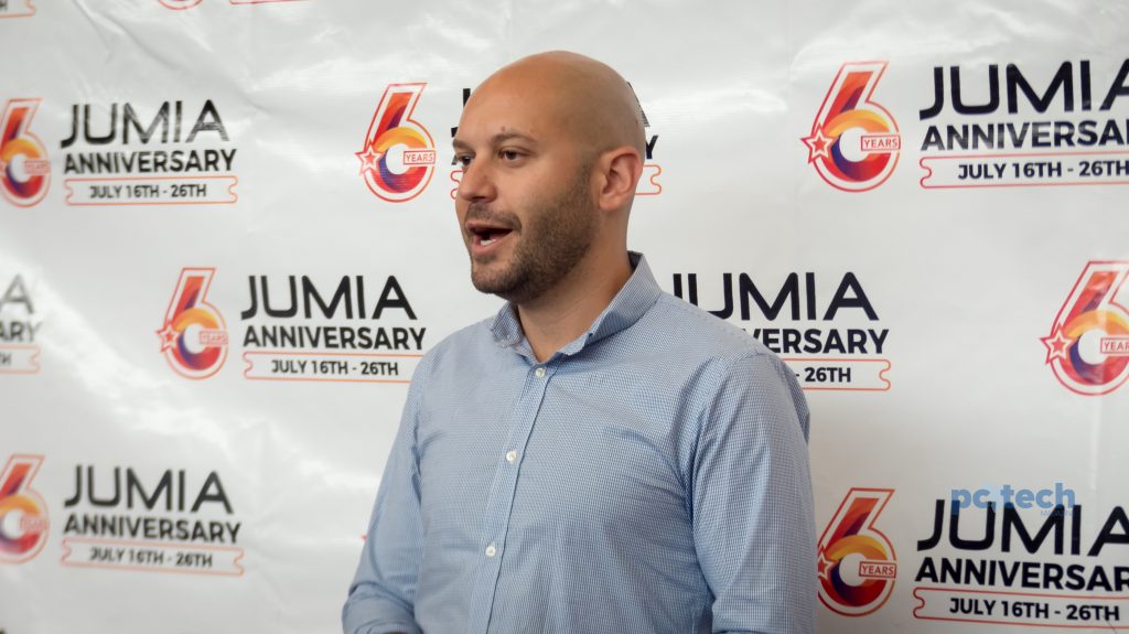 Sefik Bagdadioglu; Jumia's Regional Director to Uganda speaking to press at their Jumia anniversary brief at their newly unveiled warehouse on 5th street industrial area in Kampala Uganda on Wednesday 11th, July 2018.