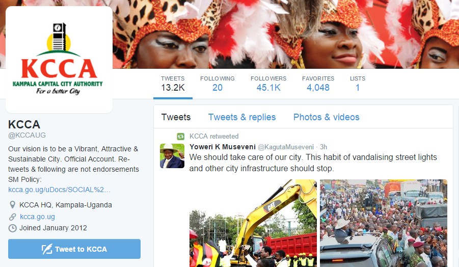 The KCCA Twitter account is one of the accounts that have the "RTs aren't endorsement" disclaimer