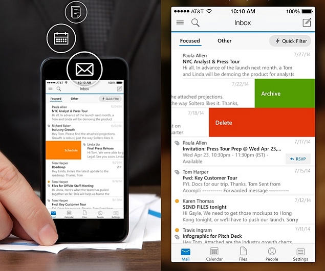 Outlook app integrates Office 365, Outlook.com, Apple’s iCloud, Gmail, and Yahoo Mail with a built-in calendar. Image Credit: NDTV