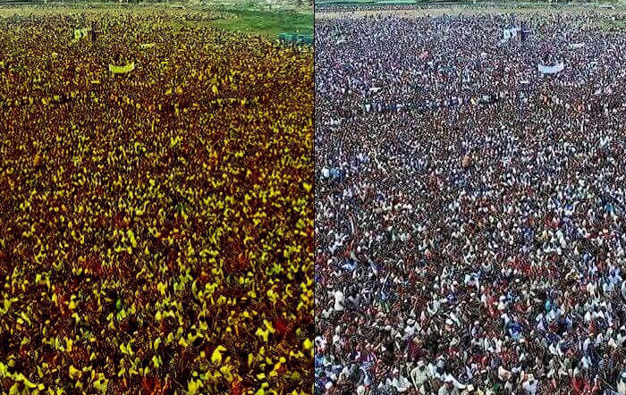 The social media "smoke machines" yesterday put out a photo of a crowd in two shades, blue and yellow, purportedly of campaign rallies of two respectively colored political camps.
