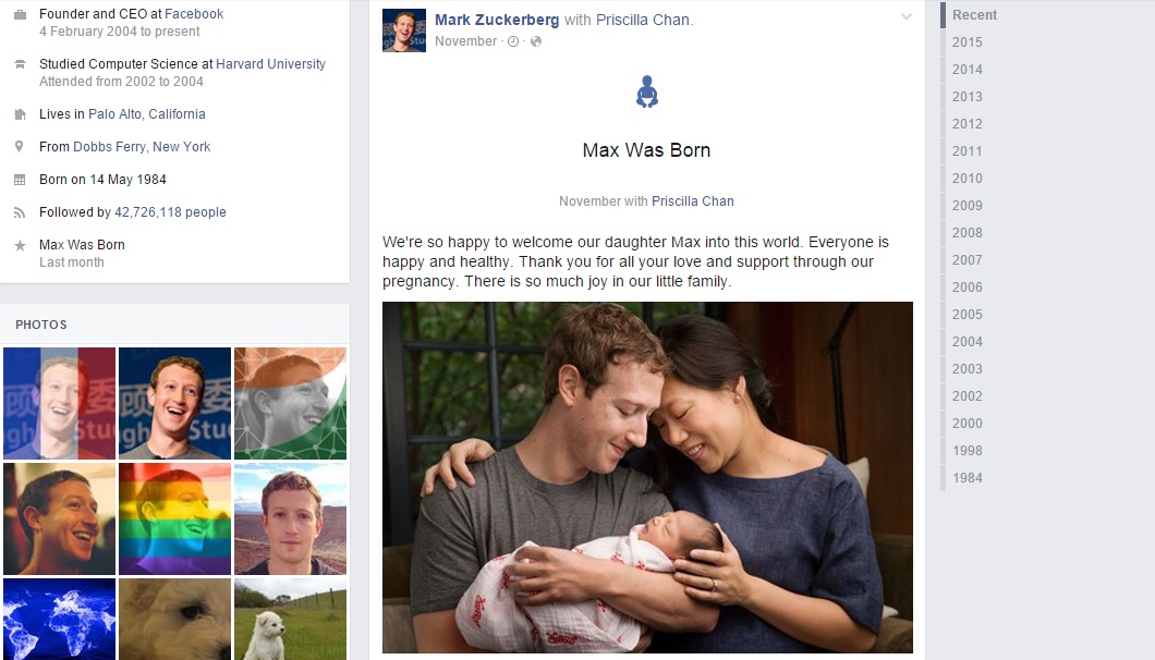 Facebook CEO Mark Zuckerberg and his wife Priscilla Chan welcomed their first baby girl Max last week.