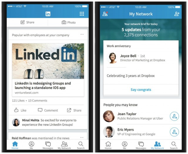 The new LinkedIn App which was first previewed in October later this year makes it look more like Facebook, however the company released a redesigned version of it on Tuesday. Image Credit: Mshcdn