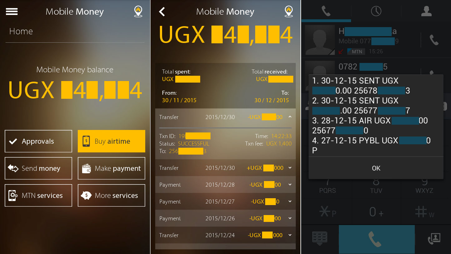 Screenshots from the MyMTN app, (left and centre) compared with the USSD interface on the right.