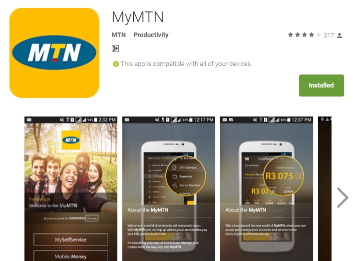The MyMTN app is available for Android, iOS, Windows Phone and Blackberry