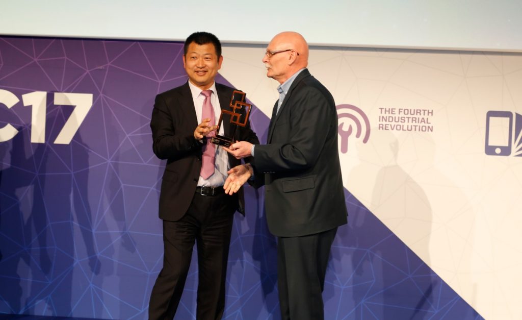 Huawei accepting the Best Mobile Infrastructure award at Mobile World Congress 2017 in Barcelona.