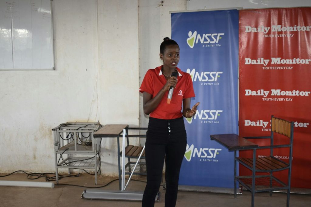 Vodafone Brand Ambassador Traveline Kezabu, a third year student was sharing her work experience with fellow Kampala International University students during the NSSF Career Expo yesterday. Vodafone partnership with NSSF on this cause is to inspire a generation of innovative, entrepreneurial and forward thinking young leaders with a can-do attitude
