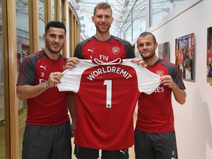 (From Left to Right) - New signing, 1st XI defender, Sead Kolasinac; Arsenal Club Captain, Per Mertesacker; 1st XI midfielder and Arsenal Academy graduate, Jack Wilshere.