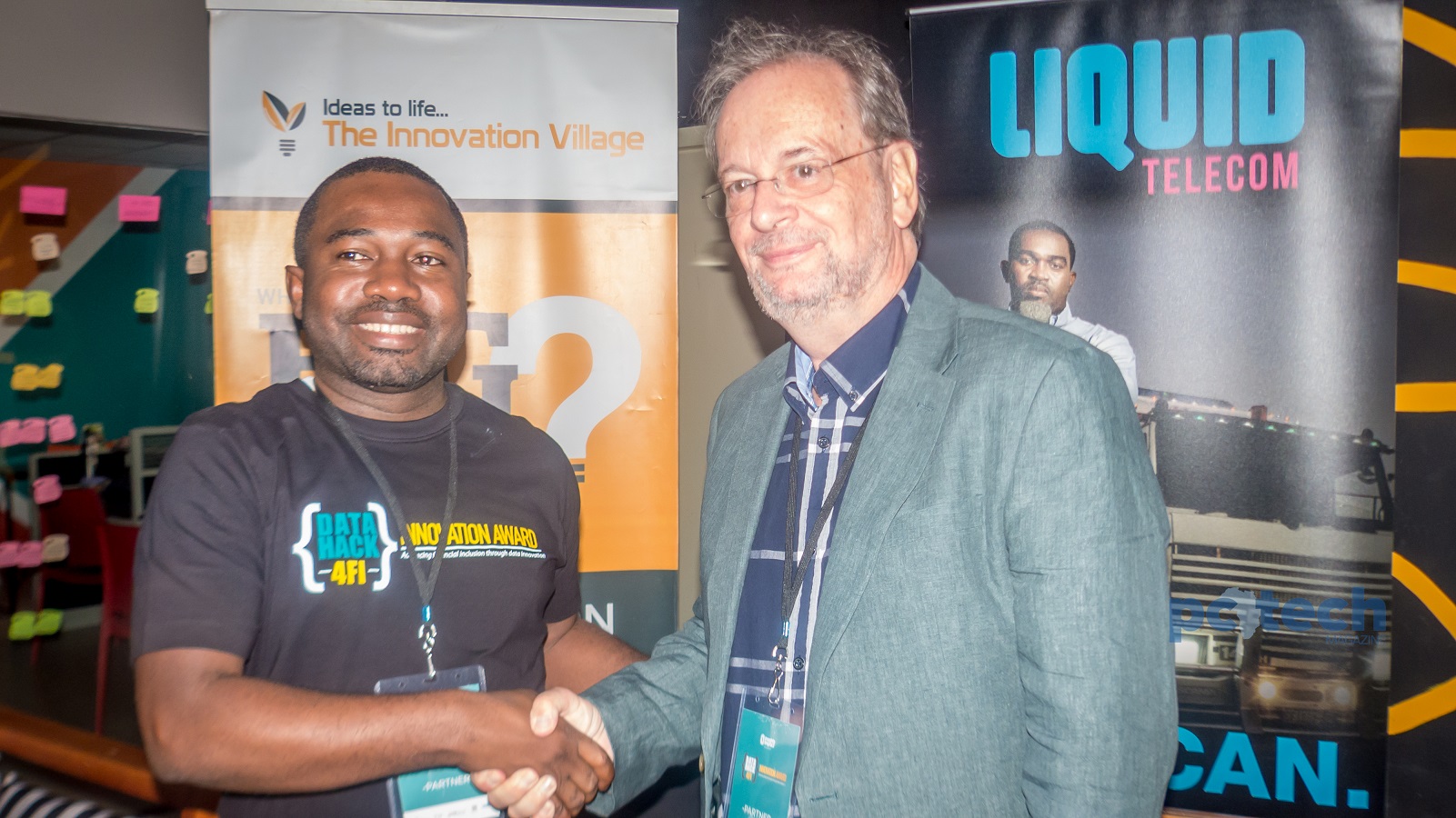 (In Pictorial from L-R): CK Japheth; CEO and Co-Founder of The Innovation Village and Hans Haerdlte; CEO Liquid Telecom Uganda shake hands in a new partnership to support Uganda based startup. This was during the press media briefing at the Innovation Village, Kampala on 30th November, 2017.