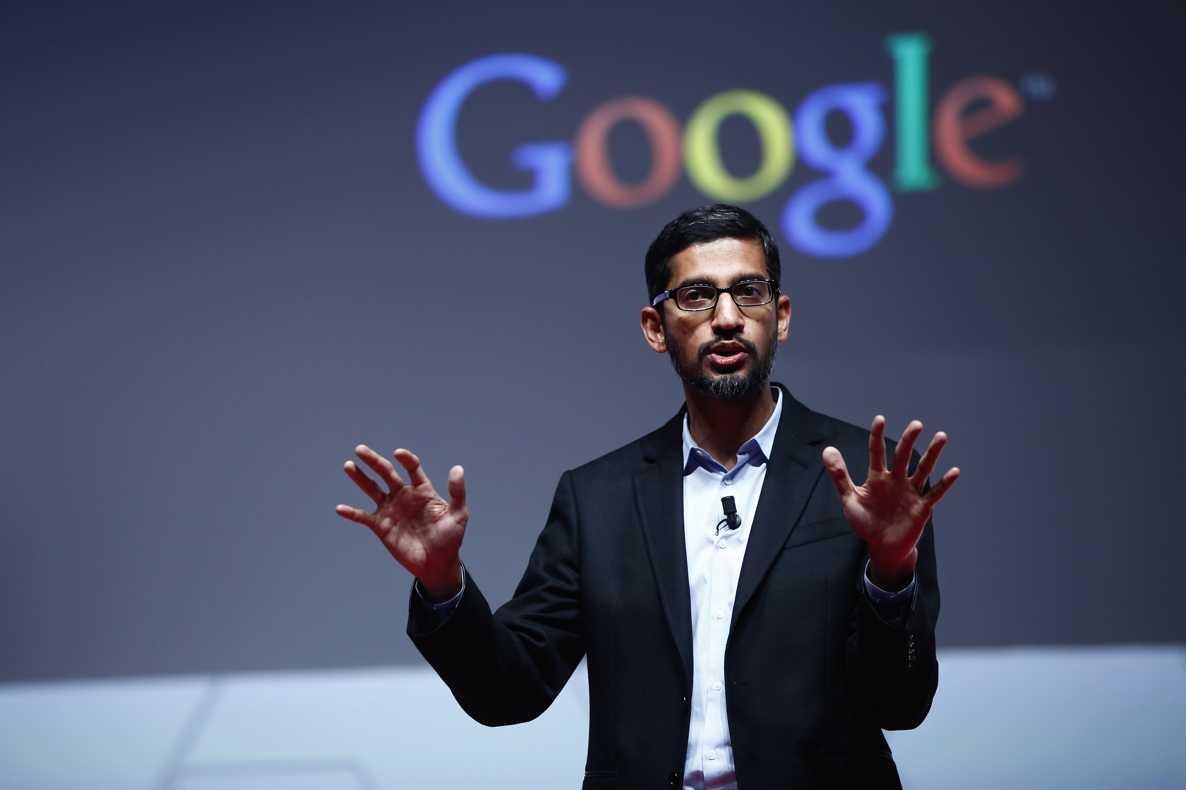 Sundar Pichai, senior vice president of Android, Chrome and Apps at Google Inc., speaks during a keynote session at the Mobile World Congress in Barcelona, Spain, on Monday, March 2, 2015. The event, which generates several hundred million euros in revenue for the city of Barcelona each year, also means the world for a week turns its attention back to Europe for the latest in technology, despite a lagging ecosystem. Photographer: Simon Dawson/Bloomberg via Getty Images