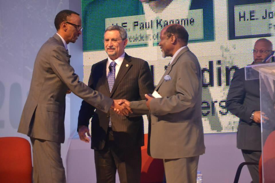 H.E the President of Rwanda; Paul Kagame (L) shakes hand with Pedro Pires; ex-President of Cabo Verde during the first annual Africa Innovation Summit in Cabo Verde. (Photo Credit: AIS Facebook Page)
