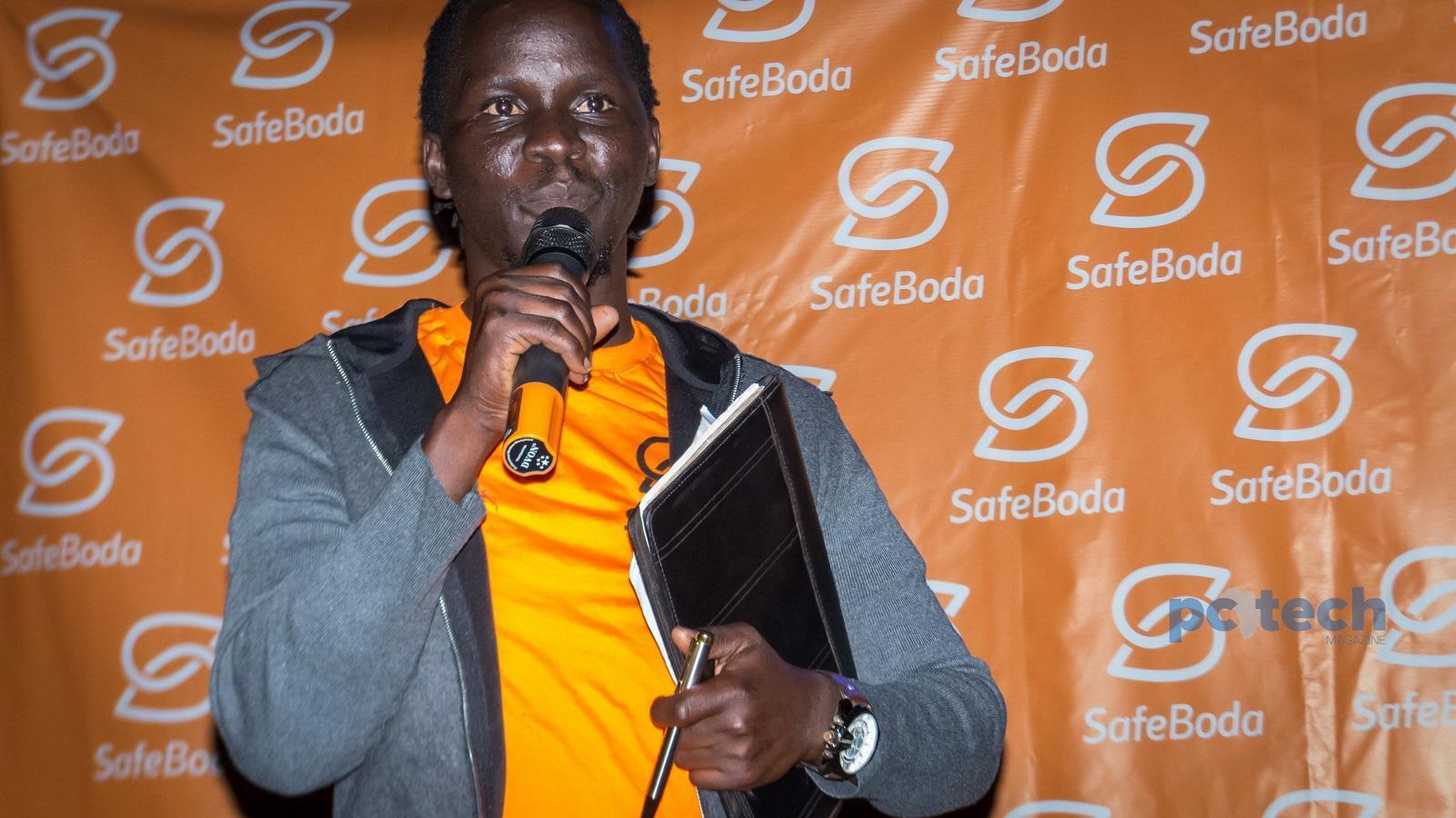 Ricky Rapa Thomson; Co-Founder of ride-hailing firm; SafeBoda, addressing the press and the guests while they were launching their campaign #YourCityRide at their new offices in Bukoto.