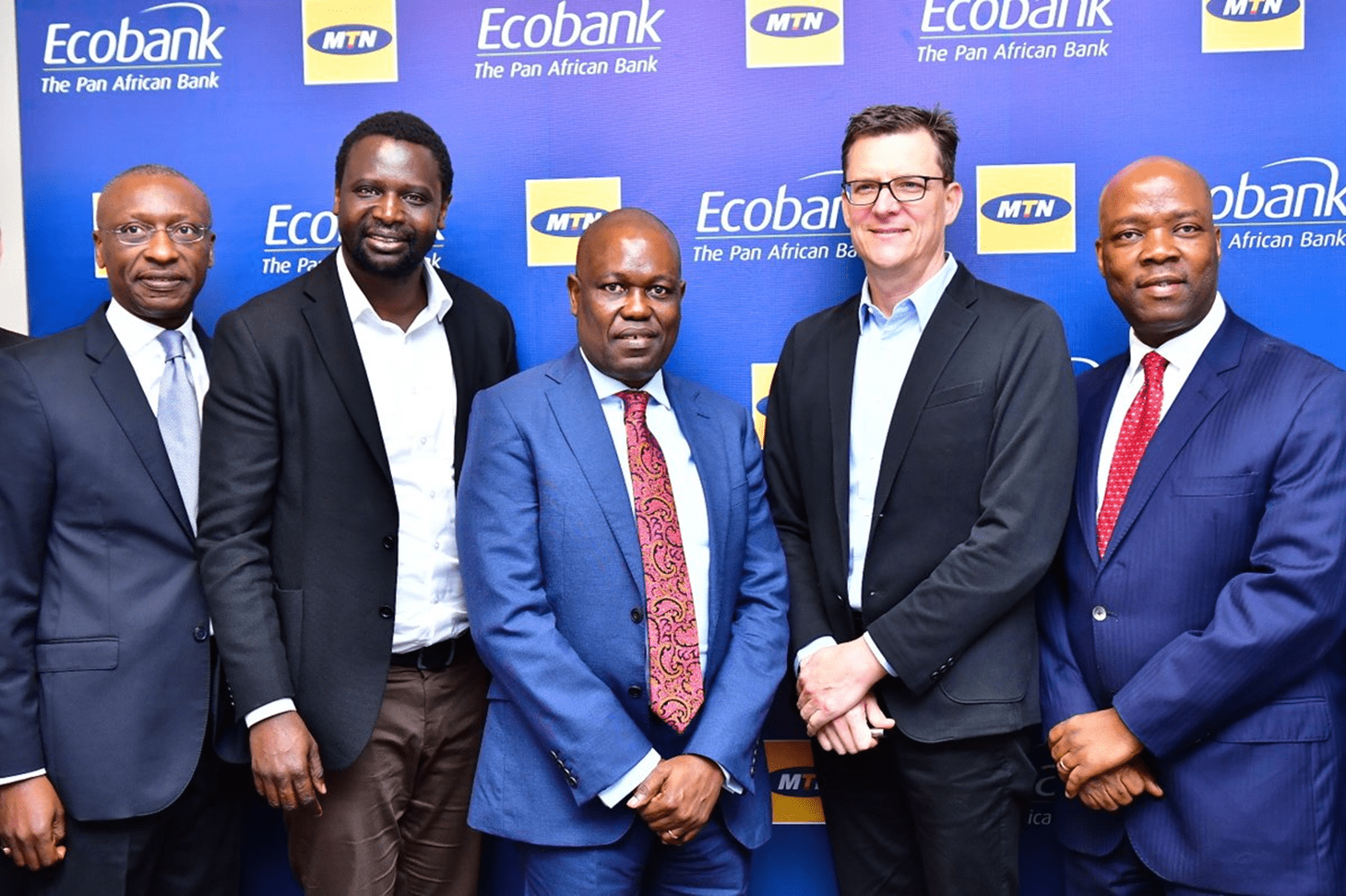 (L-R) Charles Kie, Managing Director, Ecobank Nigeria Ltd; Serigne Dioum, MTN’s Executive, Mobile Financial Services; Ade Ayeyemi, Group CEO, Ecobank Transnational Incorporated (ETI), Rob Shuter, group CEO of MTN and Patrick Akinwuntan, Group Executive, Ecobank Transnational Incorporated (ETI).