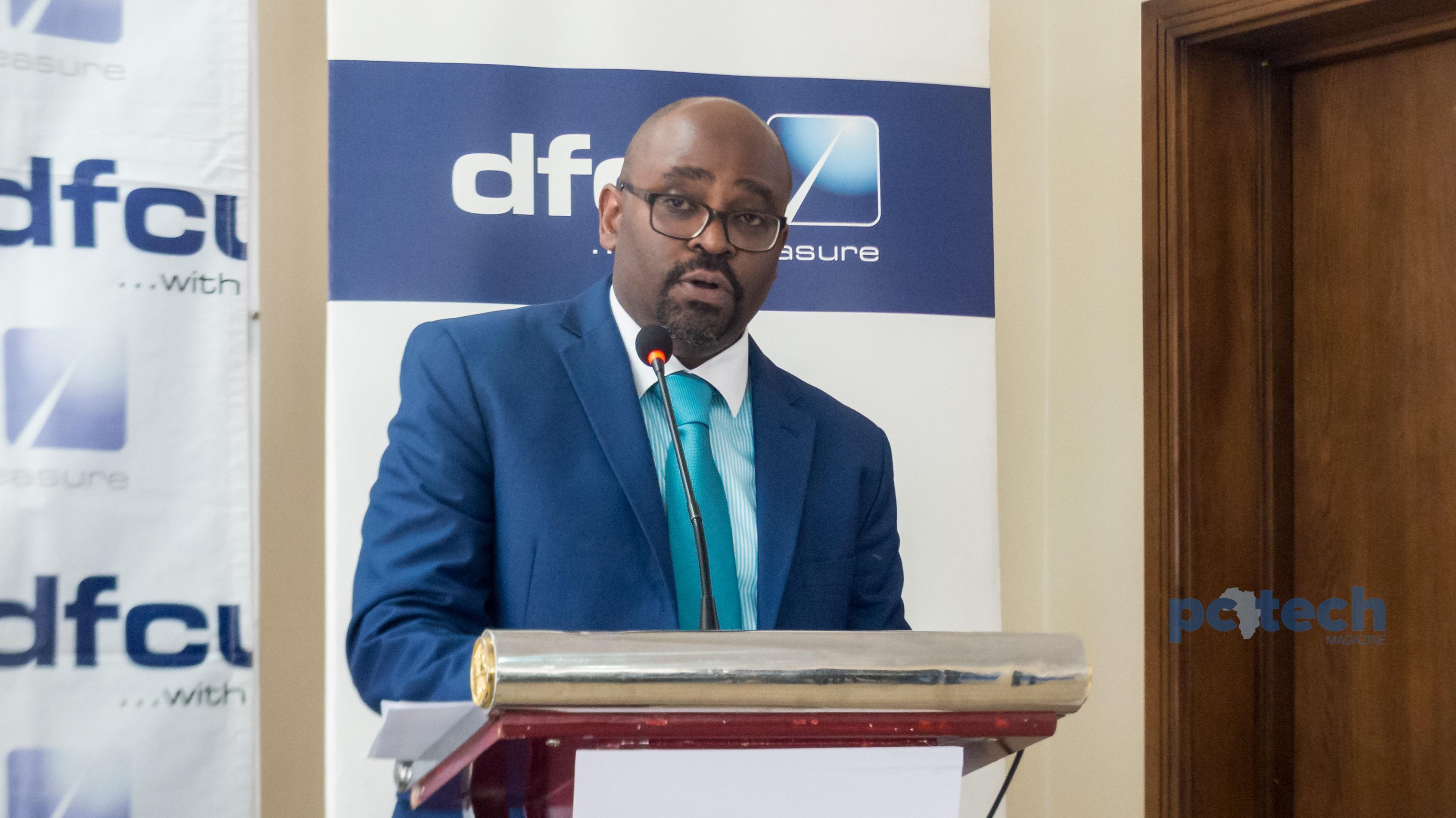 Denis Kibukamusoke; Head of Consumer Banking at DFCU bank Uganda speaking at the launch of the revamped omni-channel ebanking platform at the DFCU Bank Uganda head offices in Nakasero on Wednesday 16th, May 2018.