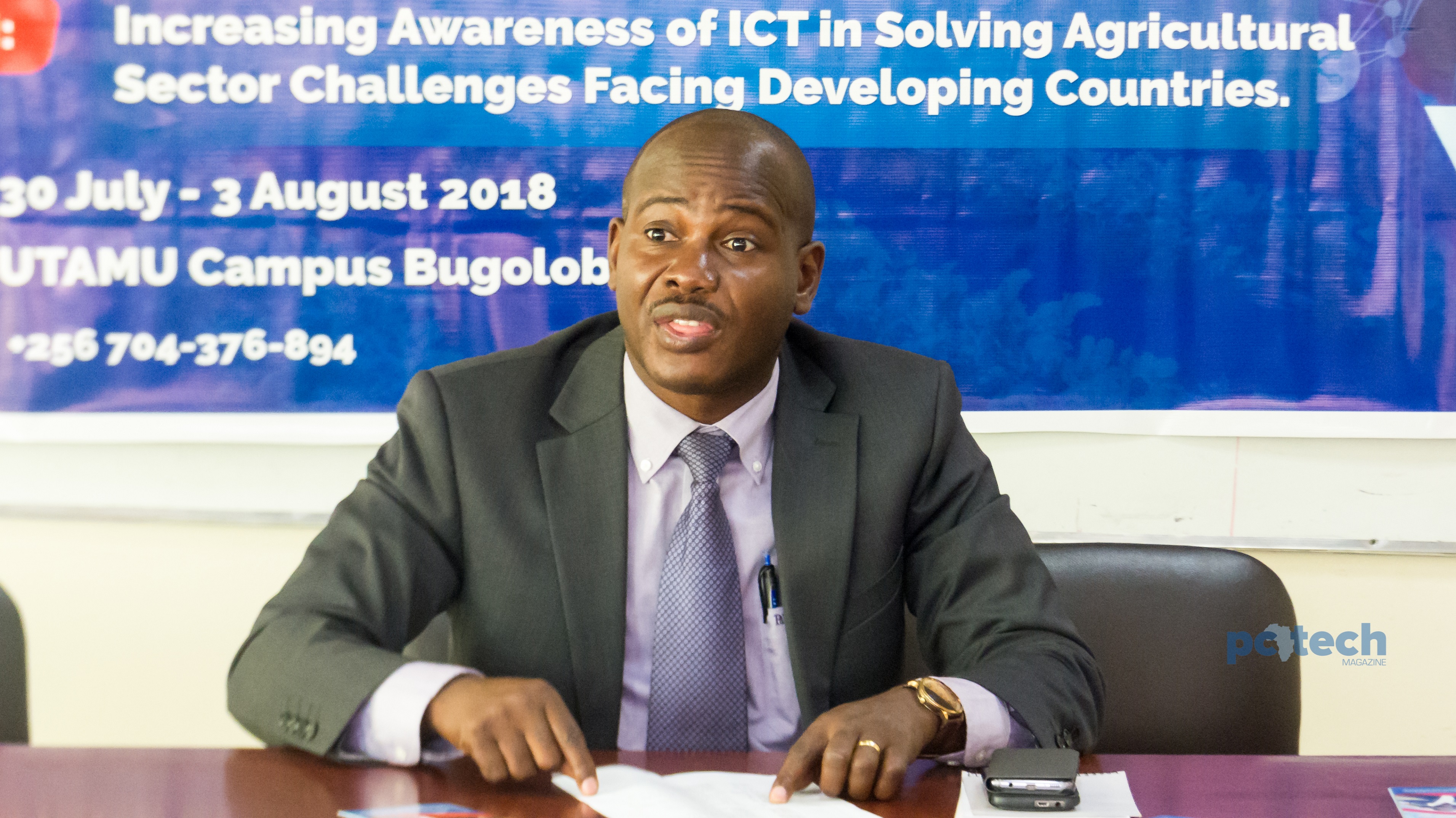 Prof. Jude Lubega briefs media about the UTAMU Agriculture Hackathon at the UTAMU head campus in Bugolobi on Monday 30th, July 2018.