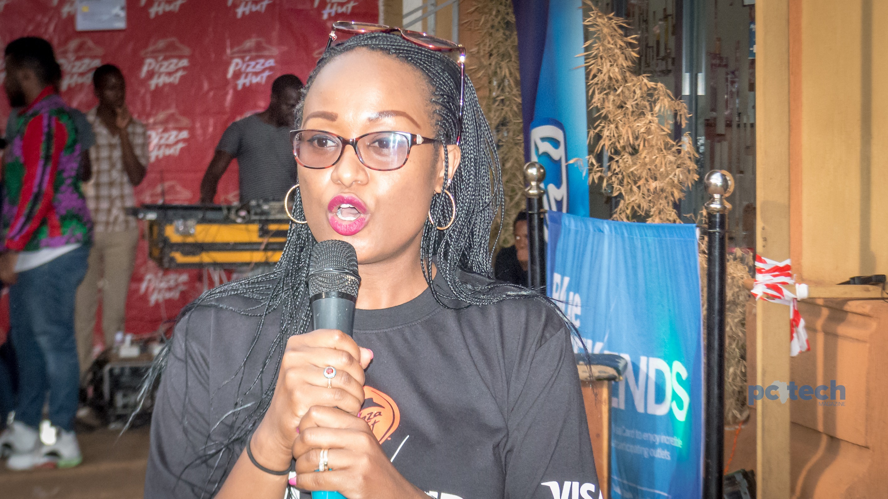 Sonia Karamagi Kassaga; Stanbic Uganda's Senior Marketing Manager, addressing the press during their partnership launch at Pizza Hut restaurant on Kisementi Avenue in Kampala, Uganda on Friday 29th, June 2018