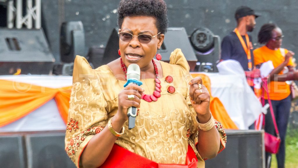 Cabinet Minister of Kampala Capital City Authority, Honorable Betty Kamya speaking at the Safeboda bi-annual party at the Lugogo Cricket Oval in Kampala on Sunday 27th, January 2018.