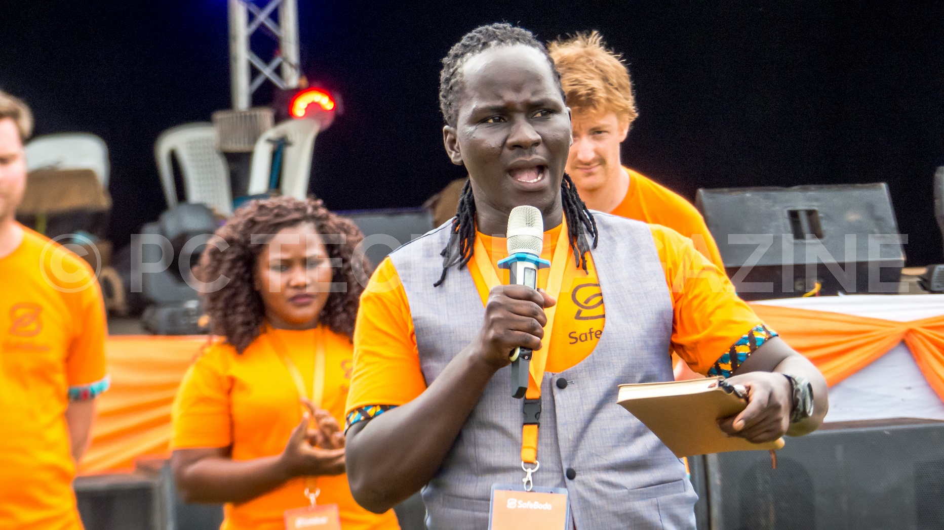 Rapa Thomson Ricky, Co-Founder of Safeboda speaking at their bi-annual party at the Lugogo Cricket Oval in Kampala on Sunday 27th, January 2018.