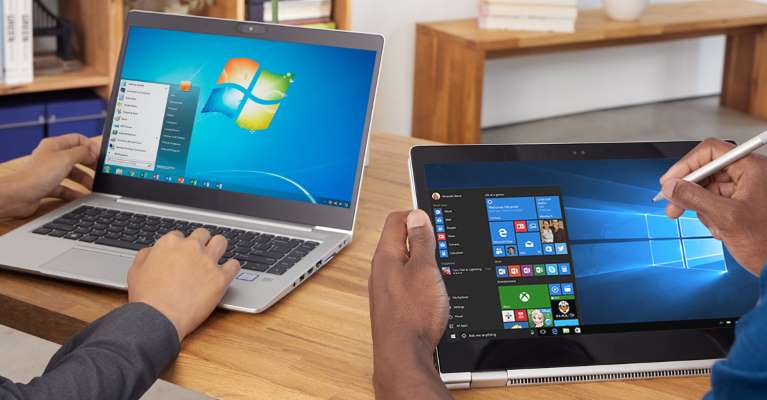Two users, one the left pictured using Windows 7 and the other on the right using Windows 10 on a laptop and tablet respectively. (Photo Courtesy: Microsoft)