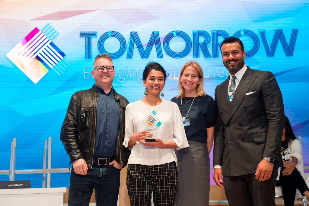 Chatterbox CEO Mursal Hedayat accepts the 2018 Next Billion EdTech Prize at the Global Education and Skills Forum in Dubai | Courtesy Photo.