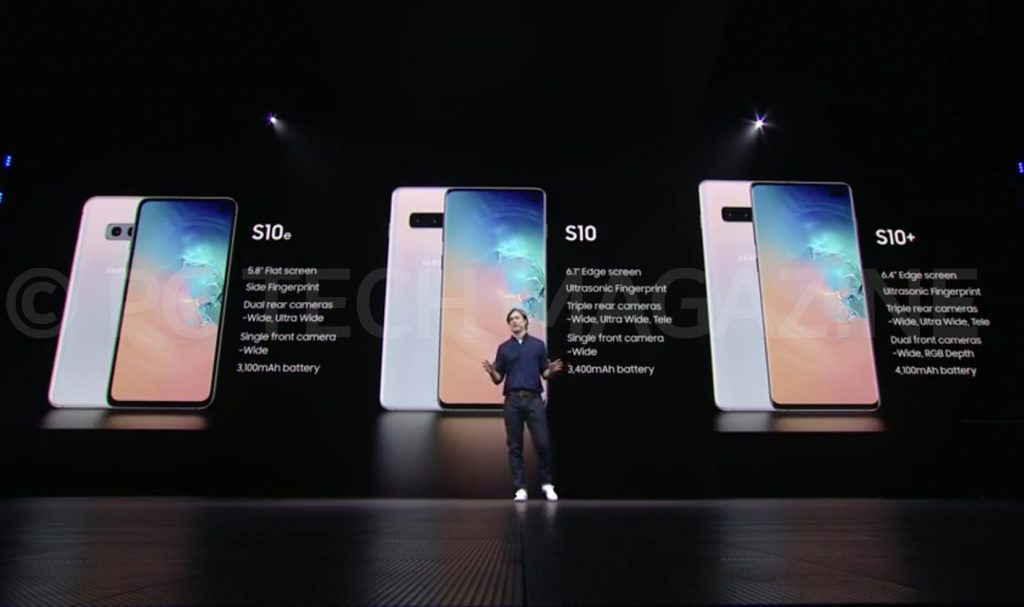 Samsung, senior director of product marketing, Drew Blackard showing off all the Galaxy S10 smartphones at the unpacked event in San Francisco on Feb. 20th, 2019 | Photo by : PC TECH MAGAZINE/Olupot Nathan Ernest.