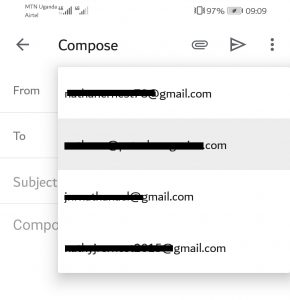 In new Gmail Android app update, you can switch through accounts when composing a new mail | Photo by : PC TECH MAGAZINE.
