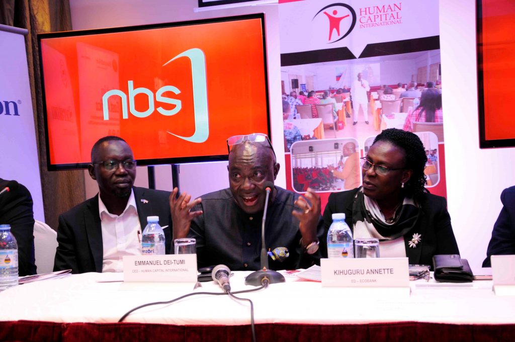 Emmanuel Dei- Tumi ; Chief Executive Office Human Capital International (Center) addressing media on matters of leadership during a press conference held at Sheraton hotel as Kihuguru Annette Executive Director – Eco bank (Right), and Godfrey Ivudria CEO - EABW digital look on.