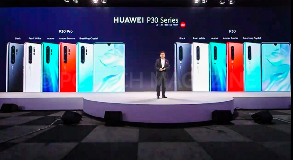 The Huawei P30 and P30 Pro come in five colors; Amber Sunrise, Breathing Crystal, Aurora, Black, and Pearl White as confirmed by Richard Yu, Huawei CEO of Consumer Business during the unveiling of the phones in Paris on March 26th, 2019 | Photo by PC TECH MAGAZINE/Olupot Nathan Ernest.