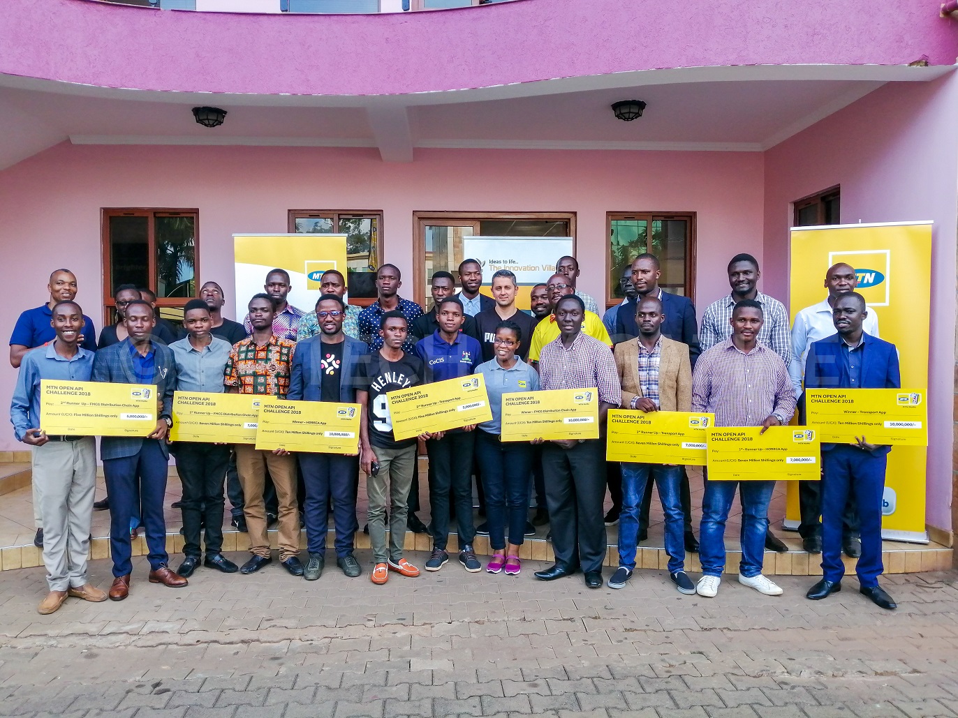 Winners of the 2018 MTN API App Challenge pose for a group photo after receiving their cash prize at the MTN Uganda offices in Nyonyi Gardens, Kampala on Friday March, 29th 2019 | Photo By PC TECH MAGAZINE/Olupot Nathan Ernest.