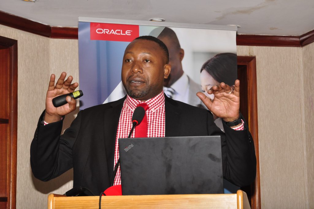 James Byaruhanga, the Raxio Data Centre General Manager speaks at the first Oracle-Raxio executive roundtable to address how enterprises can manage operational costs by leveraging cloud technologies at Serena Kampala Hotel, on March 6th 2019.