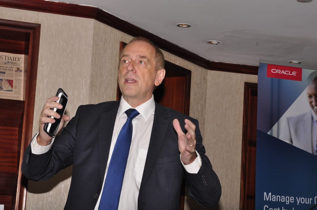 Joachim Steuerwald, the Oracle Cloud Platform Sales Director addresses business eladers about the benefits of Oracle’s cloud services at the first Oracle-Raxio executive roundtable event at Serena Kampala Hotel, on March 6th 2019.