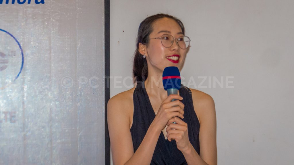 Gladys Liu; Tecno Uganda Marketing Manager briefing press at the launch of the TECNO Spark 3 at the Sheraton Hotel in Kampala, Uganda on Monday May, 6th 2019. Photo by Olupot Nathan Ernest/PC TECH MAGAZINE.