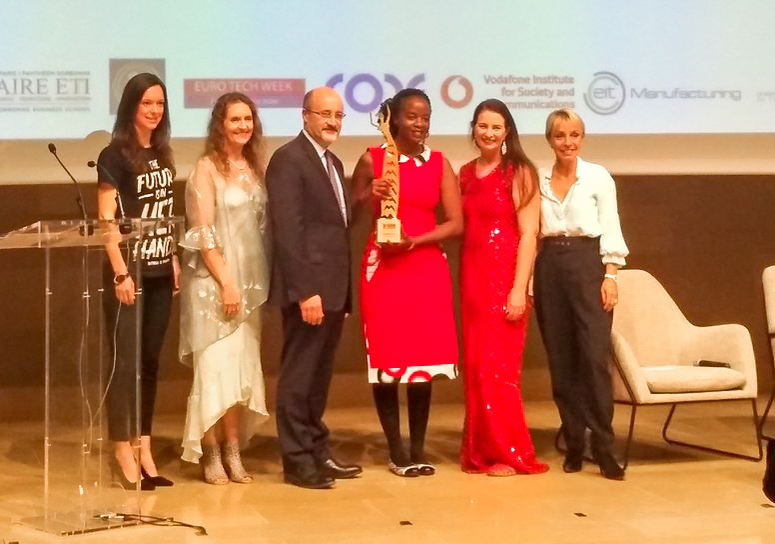 Peace Kuteesa one of the founders of Zimba Women accepts the Entrepreneurs Award at the Women in Tech (WIT) Challenge in Paris, France. Courtesy Photo/Women in Tech