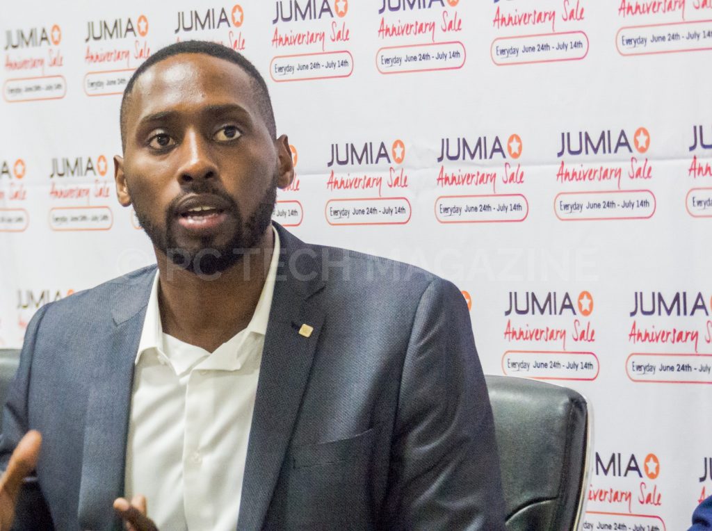 Ron Kawamara, Jumia Uganda CEO addressing the press during the launch of their anniversary celebration at Hotel Africana on Tuesday 18th, June 2019.