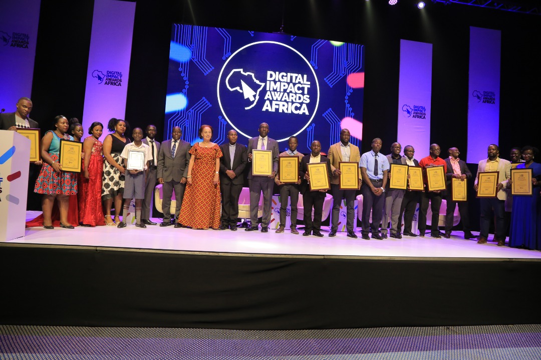 Digital Impact Awards Africa 2018 winners posing for a group photo at an award gala ceremony at the Kampala Serena Hotel. Courtesy Photo/DIAA