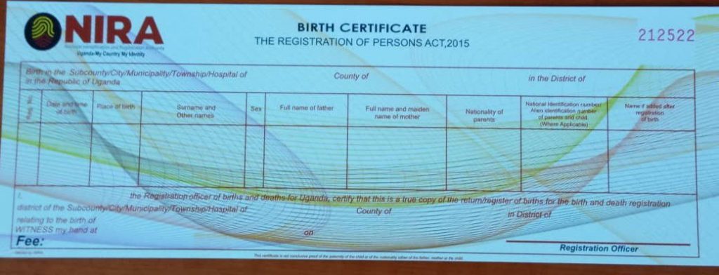 A NIRA issued birth certificate. Courtesy Photo/NIRA via twitter