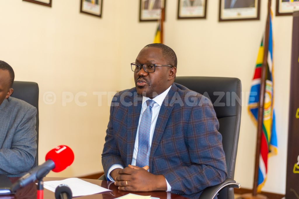 Hon. Vincent Waiswa Bagiire speaking to reporters at the swearing in of the new board of directors for NITA Uganda at the Ministry of ICT offices in Kampala on Thursday 19th, September 2019.