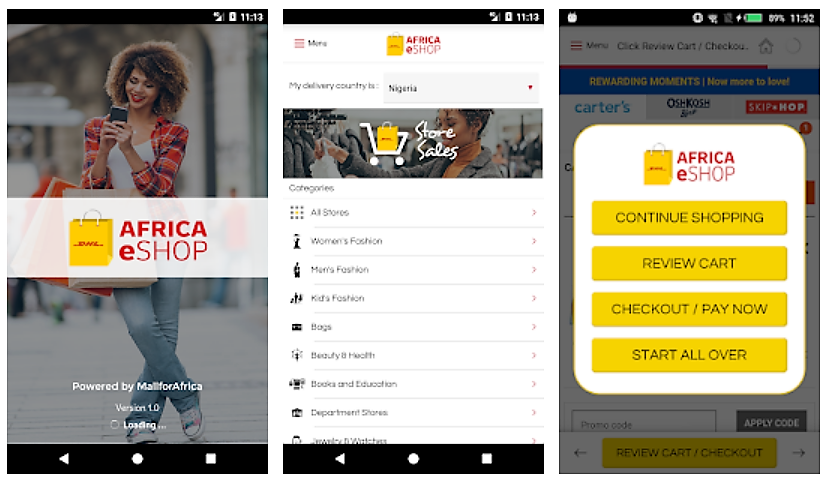 DHL Africa eShop — shopping by category or stores.