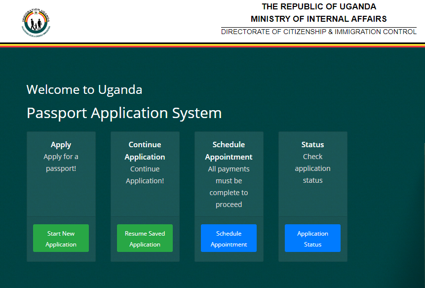 The portal gives four option; Apply for a passport, Continue application, Schedule an appointment, and Checking the status of your application.