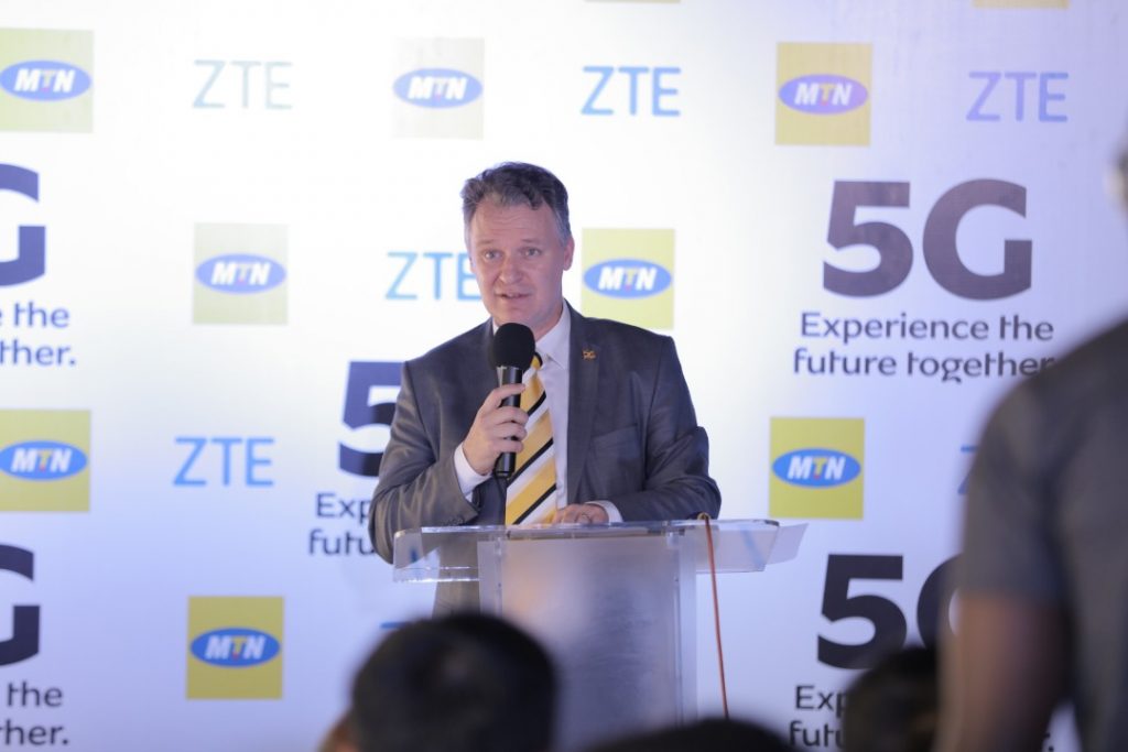 MTN Uganda CEO; Mr. Wim Vanhelleputte, speaking at the launch of 5G pilot demo in Uganda at the MTN Uganda Head Offices in Nyonyi Gardens.