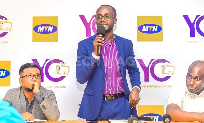 YoTV Chief Executive Officer; Mr Aggrey Mugisha addressing reporters on partnership with MTN Uganda as its Ag. Chief Marketing Officer, Sen Somdevat looks on. Photo by: PC TECH MAGAZINE/Olupot Nathan Ernest