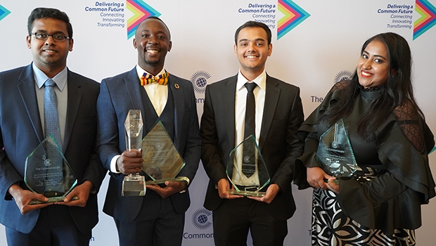 2020 Commonwealth Regional Winners (L-R): Sowmyan Jegatheesan (Canada), Galabuzi Brian Kakembo (Uganda), Hafiz Usama Tanveer (Pakistan), and Sagufta Salma (Fiji) pose for a group photo with their accolades at the 2020 Commonwealth Youth Awards in London. Courtesy Photo | Commonwealth