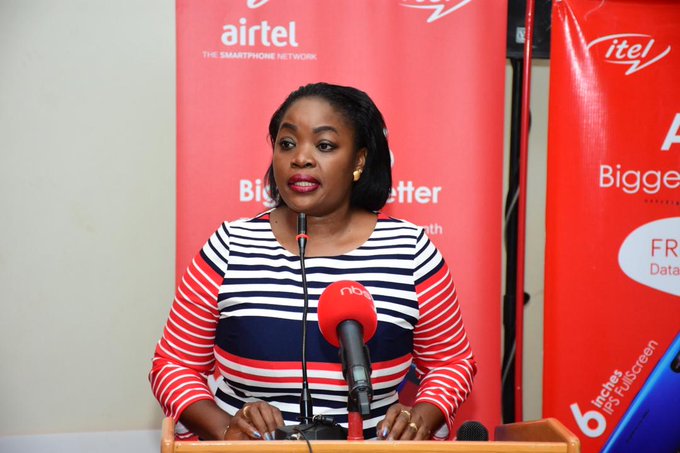 Ms. Remmie Kisakye; Airtel Uganda Head Brand and Communications speaking at the launch of the Itel A56 at the Sheraton Hotel in Kampala. Courtesy Photo | Airtel Uganda