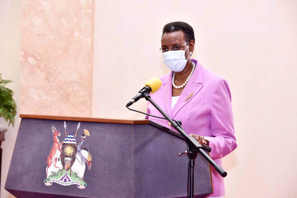 Minister of Education and Sports; Hon. Janet Museveni addressing journalist during his keynote address, which was live-streamed from the State House. Courtesy Photo