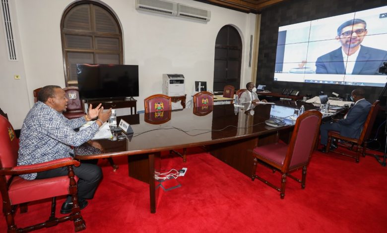 Google CEO; Sundar Pichai (on-screen) in an exclusive high-level virtual dialogue with H.E Uhuru Kenyatta, the President of the Republic of Kenya, organized by the Corporate Council on Africa on Wednesday 27th, January 2021. (Courtesy Photo)