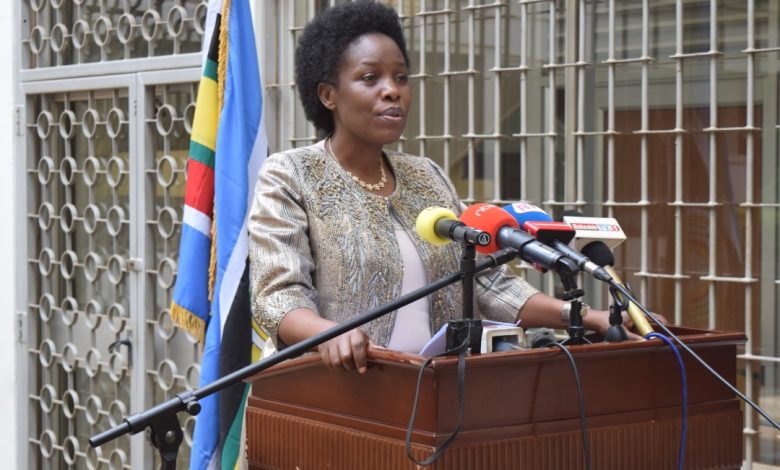 Hon. Judith Nabakooba, Minister for ICT and National Guidance to Uganda addressing journalists at the Ministry's head offices in Kampala. (FILE PHOTO)