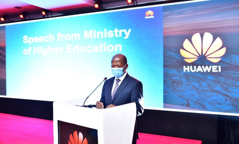 The State Minister for Higher Education Dr. John Chrysestom Muyingo speaking at the launch of the 3rd edition of the Huawei ICT Competition in Uganda.