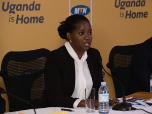 Anne Juuko, the CEO Stanbic Bank Uganda addressing the press during the MTN IPO opening announcement at the Kampala Serena Hotel. (FILE PHOTO)
