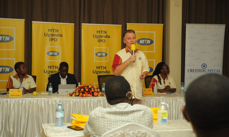 The MTN Uganda CEO, Wim Vanhelleputte speaking to audience about the MTN IPO at the Jinja City Townhall.